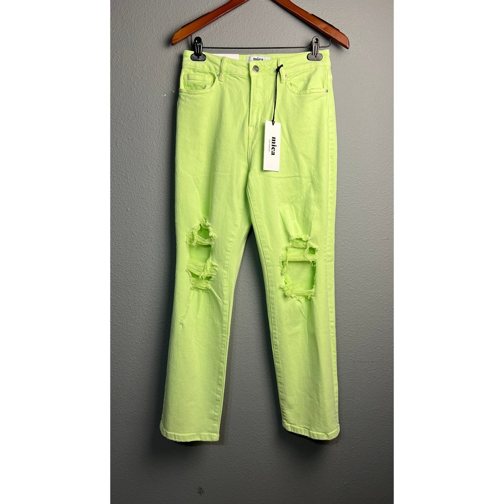 NWT Mica Denim Super High Dad Jean Neon Lime‎ Green Distressed 27 Straight Leg